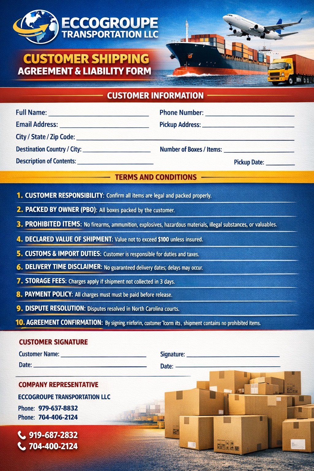 ECCOGROUPE Customer Shipping Agreement and Liability Form